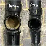 Before-and-after view of a drainage pipe after debris clearance and cleaning.