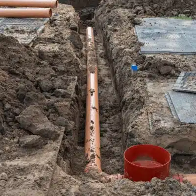 Long section of underground drainage pipe exposed through excavated ground.